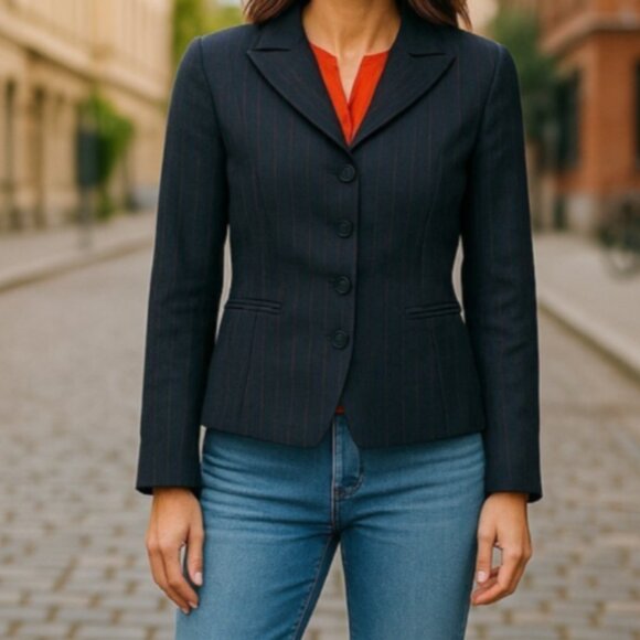 Tahari Tuxedo Style Blazer Sz 2 Black Pinstripe 4 Button Red Satin Lined - Picture 13 of 13